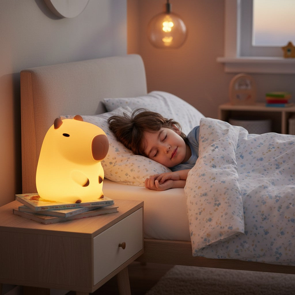 Veilleuse Lumeoo en silicone forme cochon d'inde diffusant une lumière douce sur une table de chevet près d'un enfant