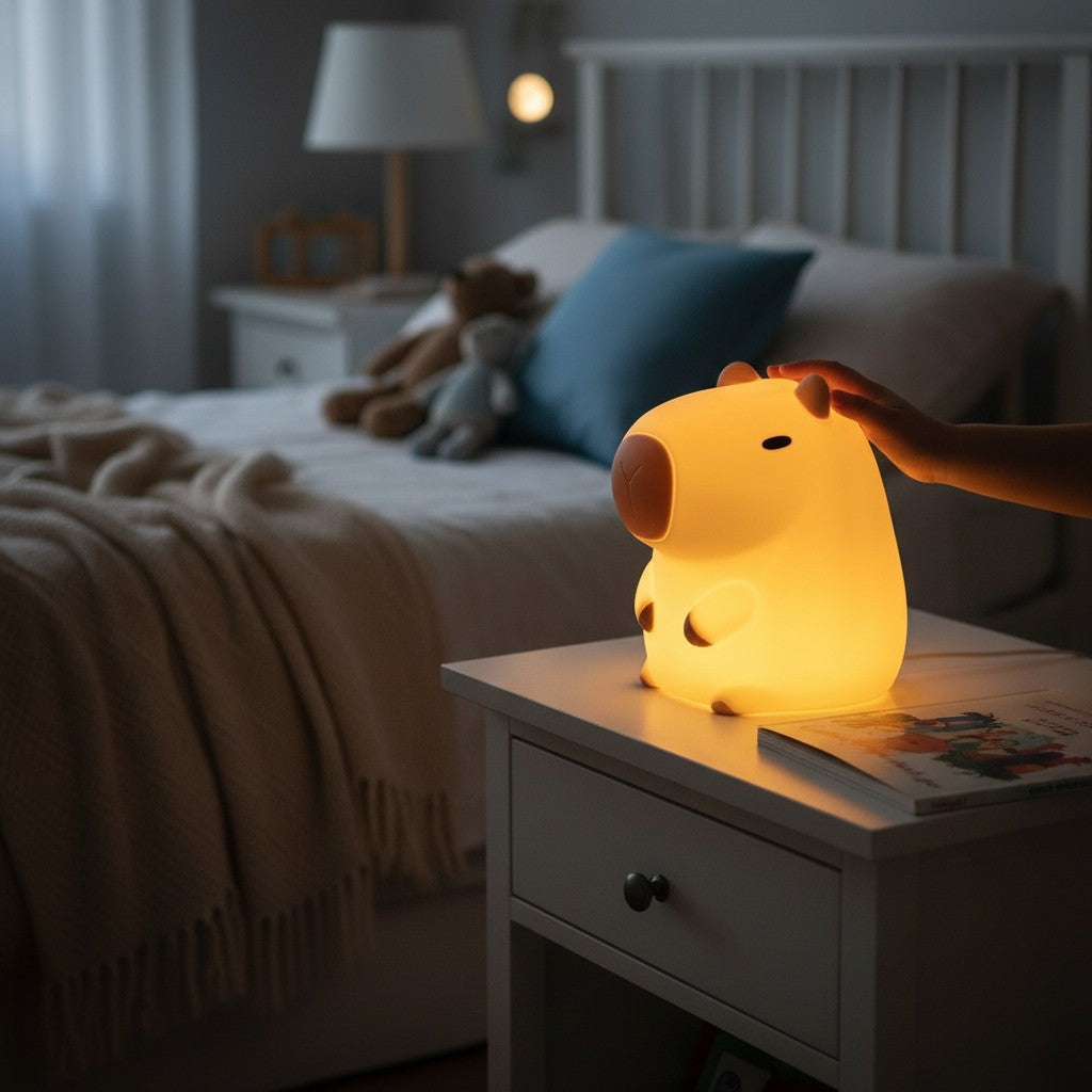 Veilleuse Lumeoo en silicone forme cochon d'inde diffusant une lumière douce et chaleureuse sur une table de chevet