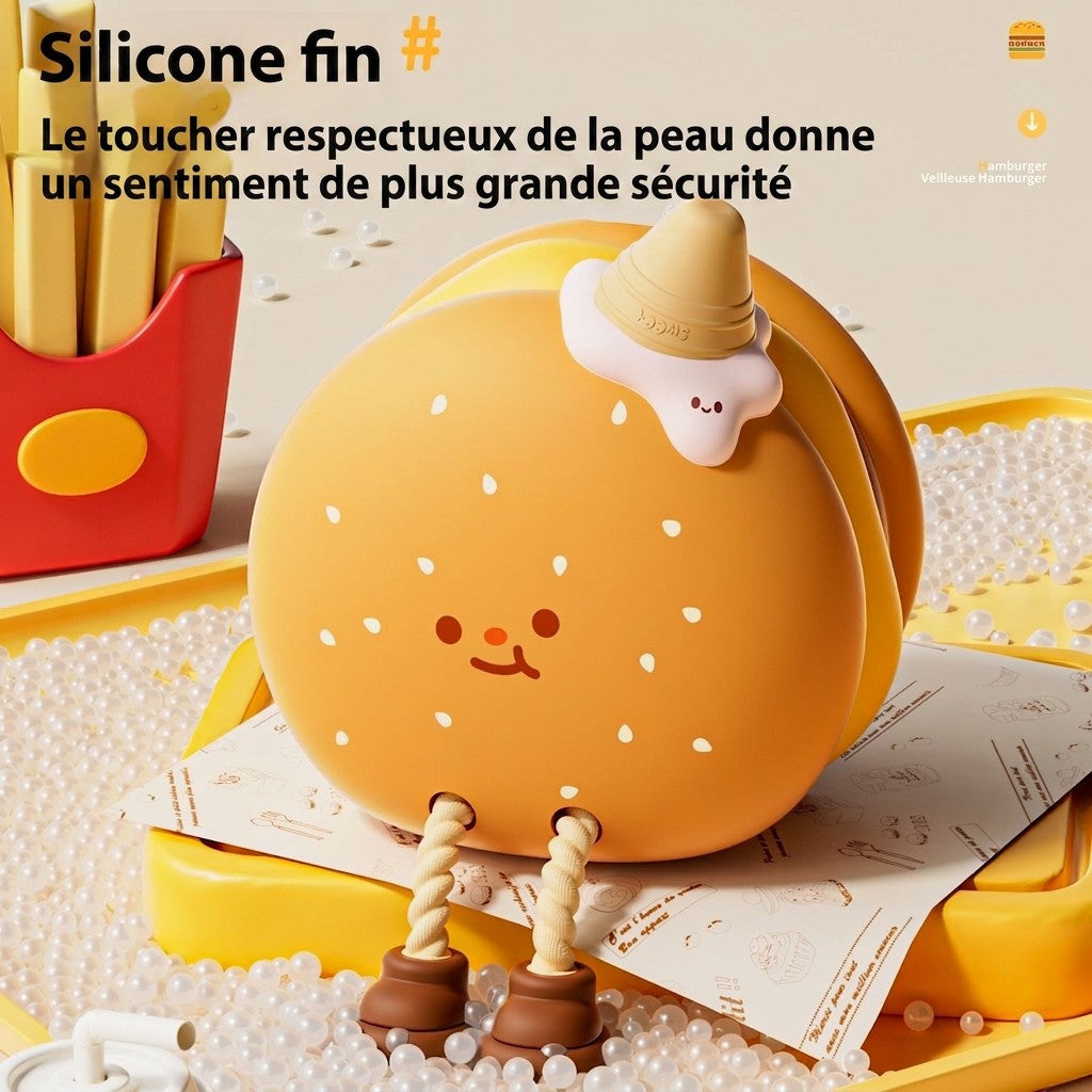 Veilleuse Lumeoo en silicone forme hamburger avec visage souriant, lumière douce pour chambre d'enfant