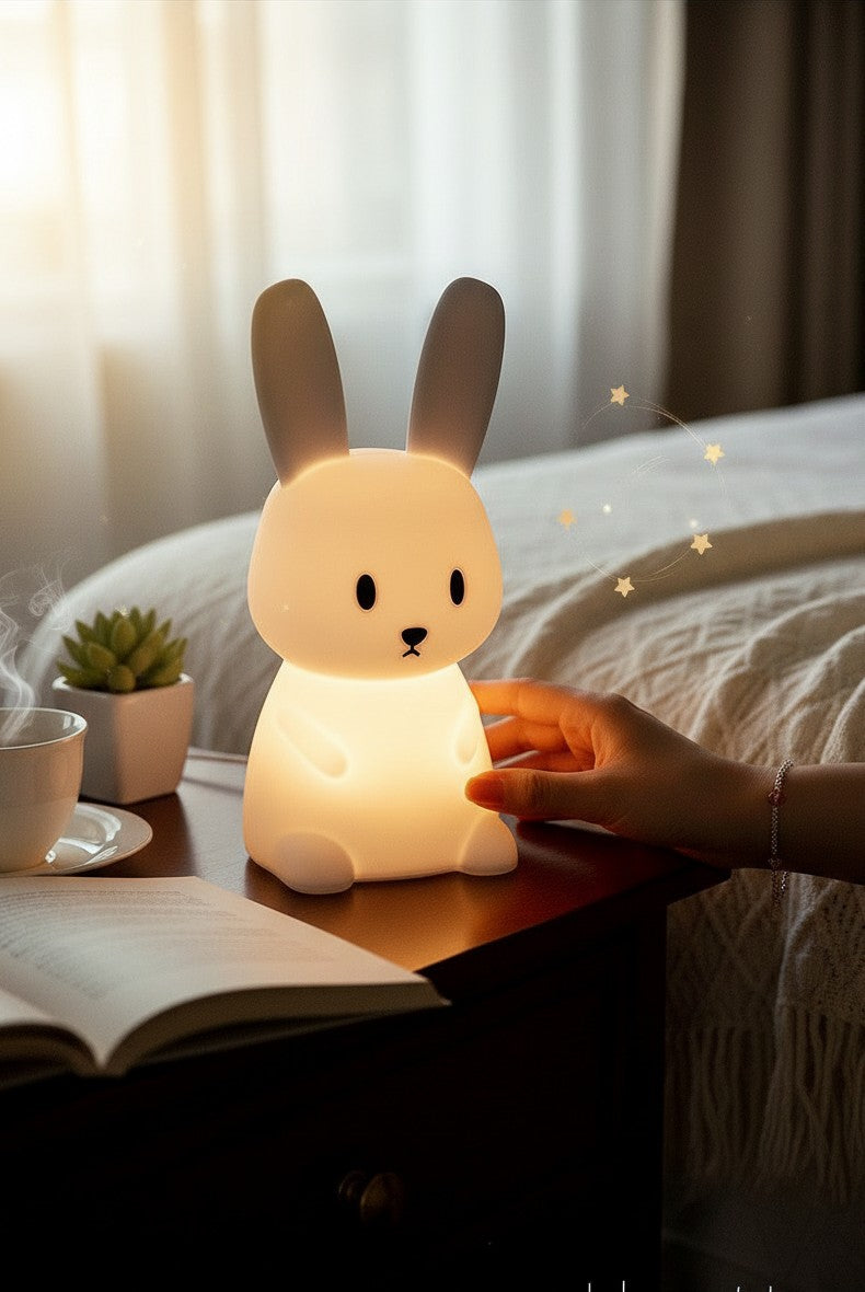 Veilleuse lapin Lumeoo en silicone blanc LED posée sur une table de chevet pour une ambiance douce dans une chambre