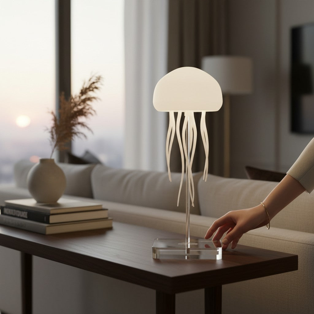 Veilleuse méduse LED Lumeoo blanche sur une table de chevet dans un salon moderne avec une lumière douce et apaisante