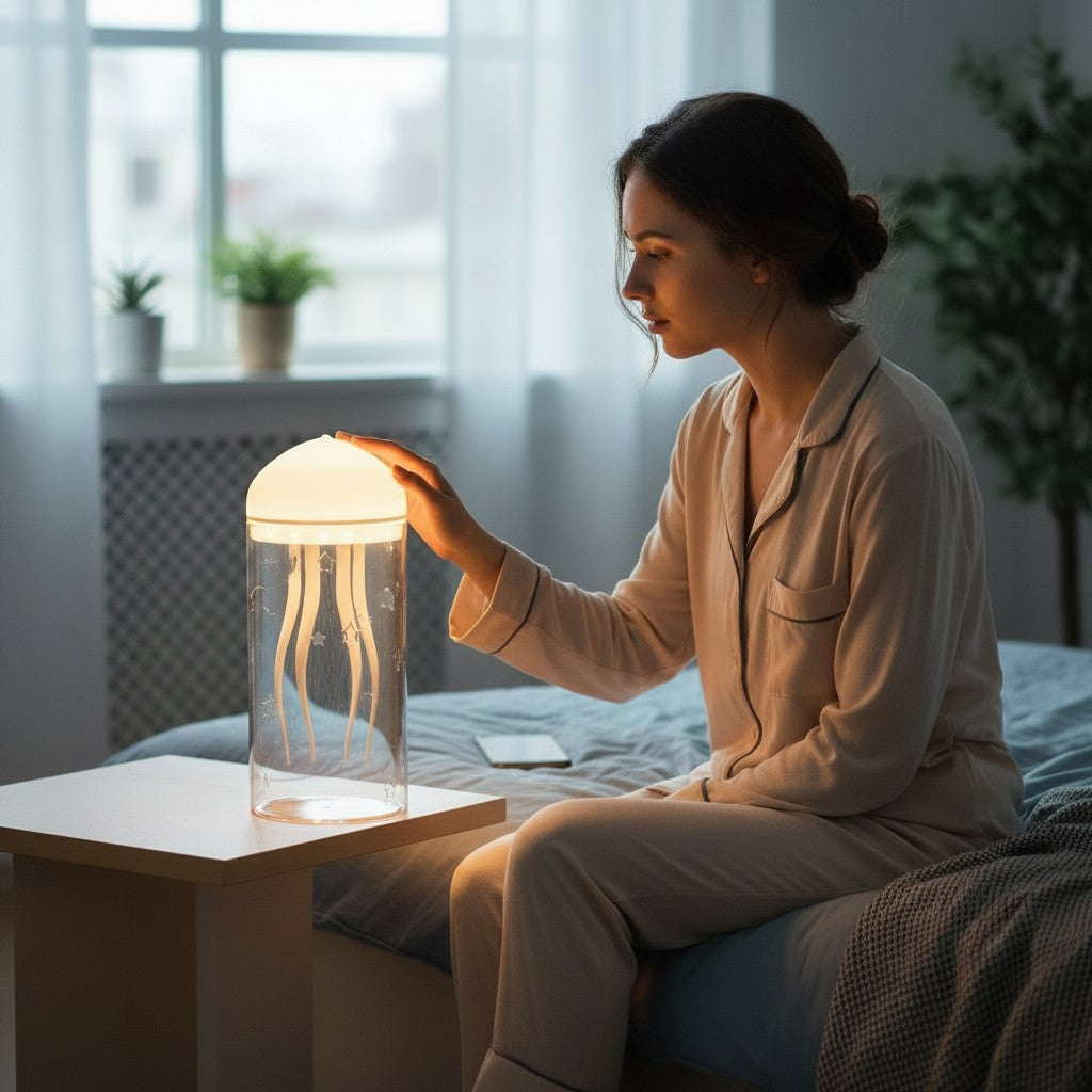 Femme en pyjama touchant une veilleuse méduse Lumeoo LED à luminosité réglable sur une table de chevet dans une chambre Image