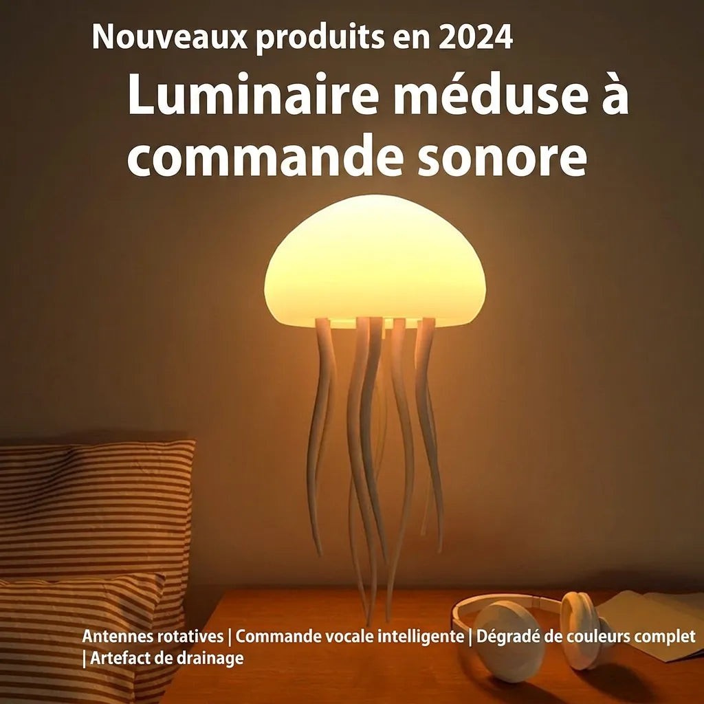 Veilleuse méduse Lumeoo LED à commande vocale avec lumière douce et tentacules sur une table de chevet