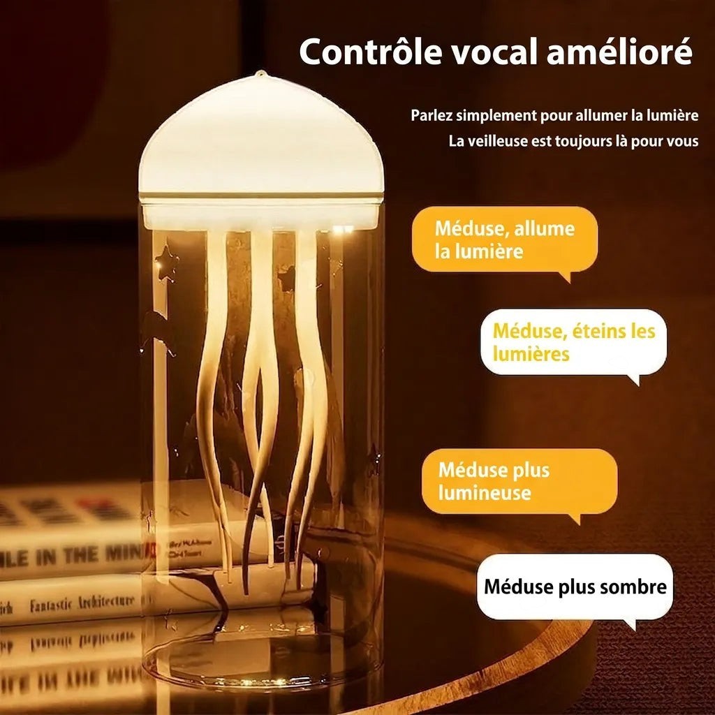 Veilleuse méduse LED Lumeoo avec dôme lumineux et tentacules, cylindre gravé d'étoiles, contrôle vocal et intensité réglable