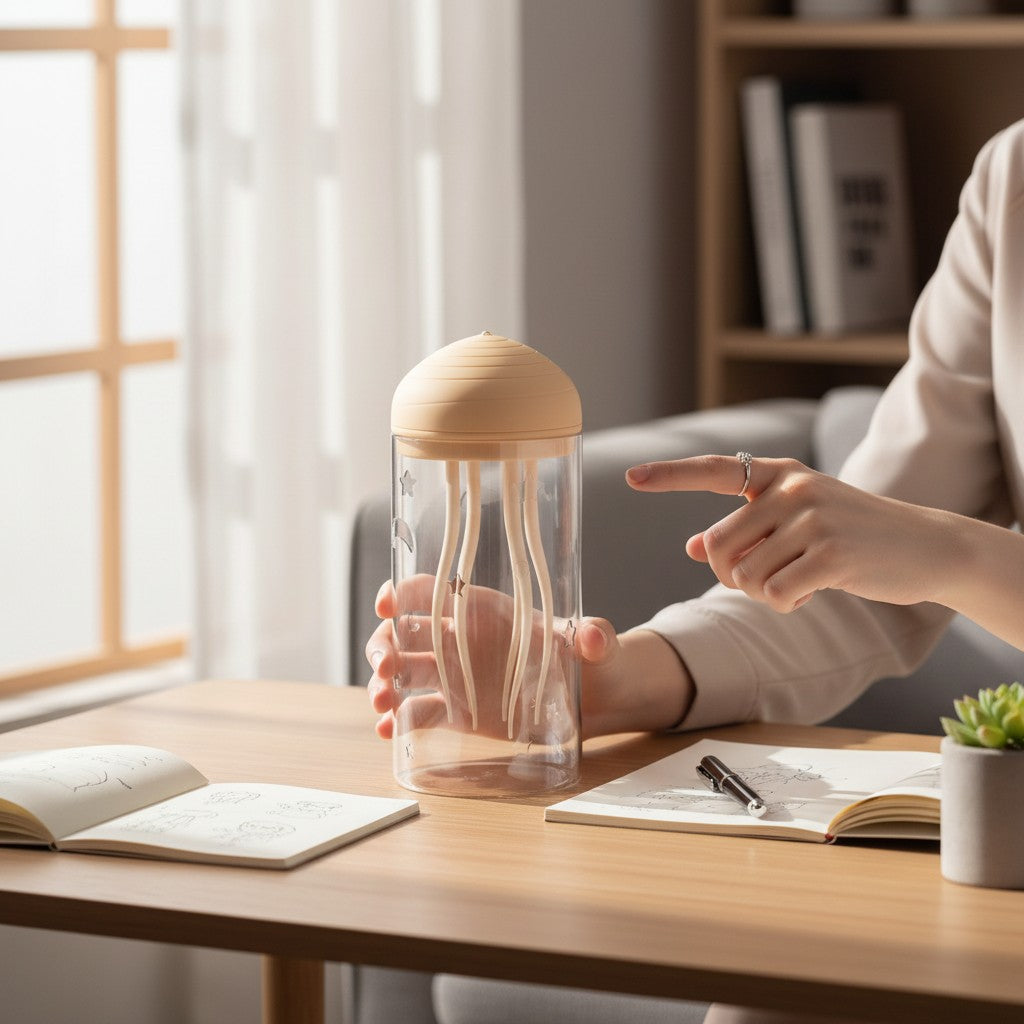 Veilleuse méduse Lumeoo avec dôme beige et cylindre en verre gravé d'étoiles posée sur un bureau en bois