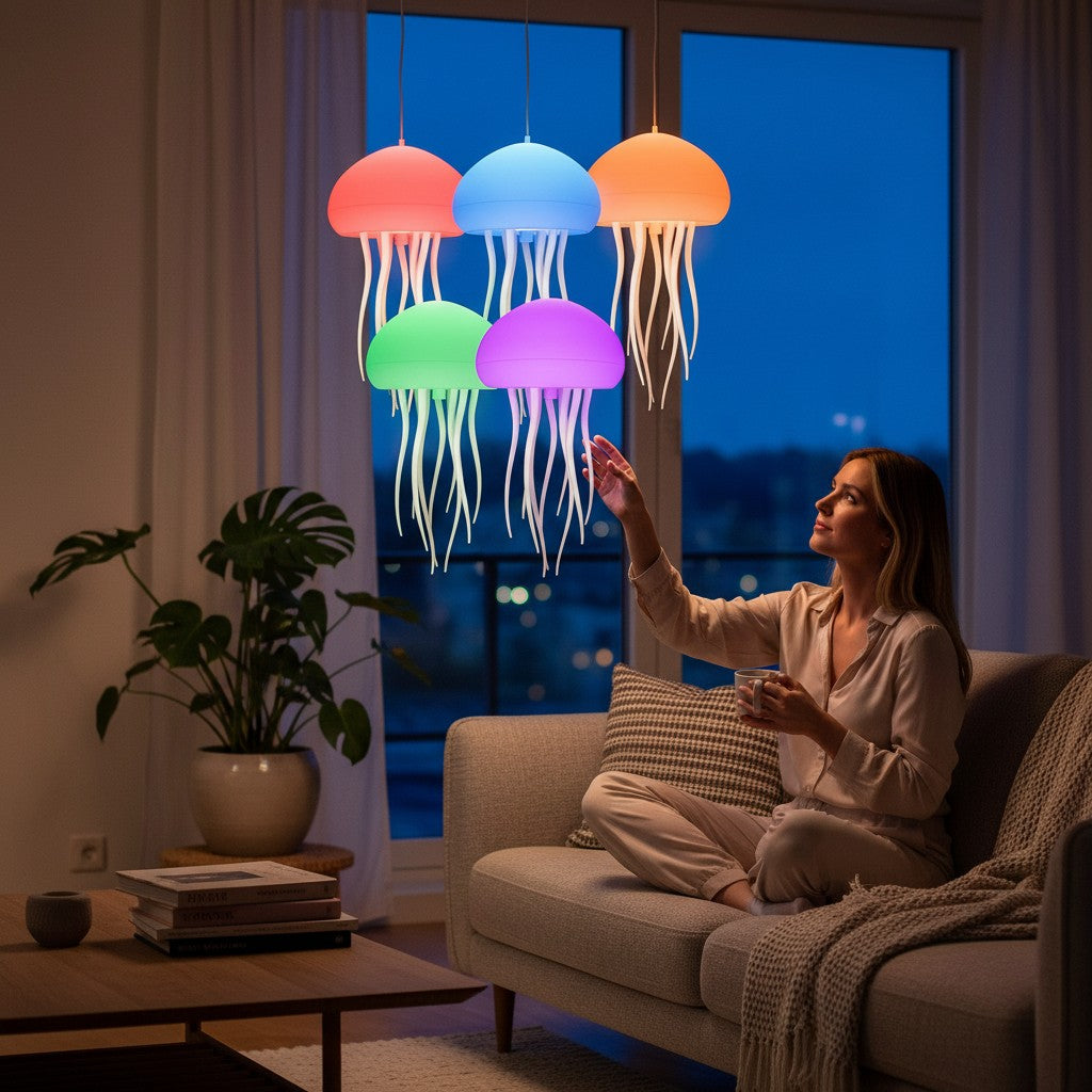 Femme assise sur un canapé touchant une suspension Lumeoo composée de cinq veilleuses méduses LED multicolores