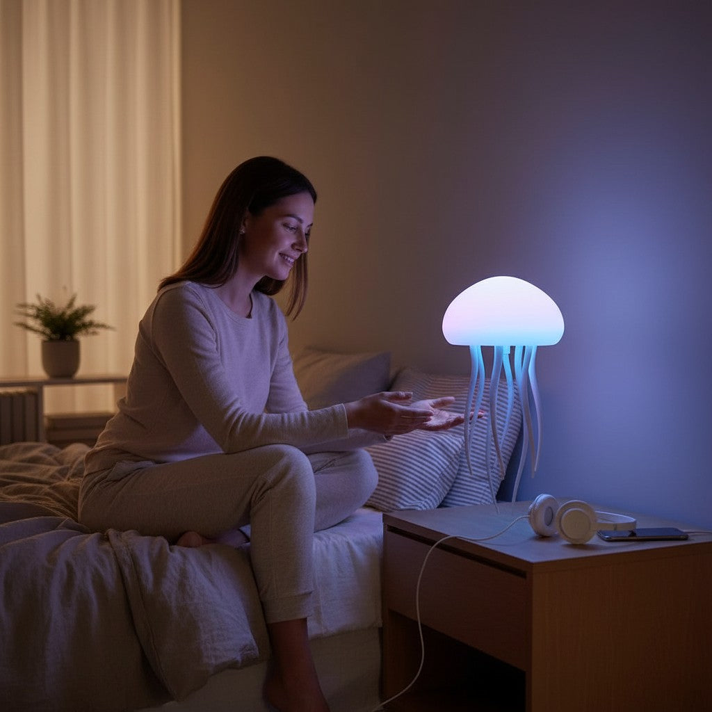 Femme souriante assise sur un lit près d'une veilleuse méduse LED Lumeoo diffusant une lumière douce et apaisante