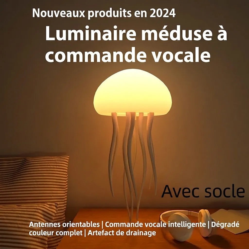 Veilleuse méduse LED Lumeoo avec socle, lumière douce et tentacules orientables sur une table de chevet