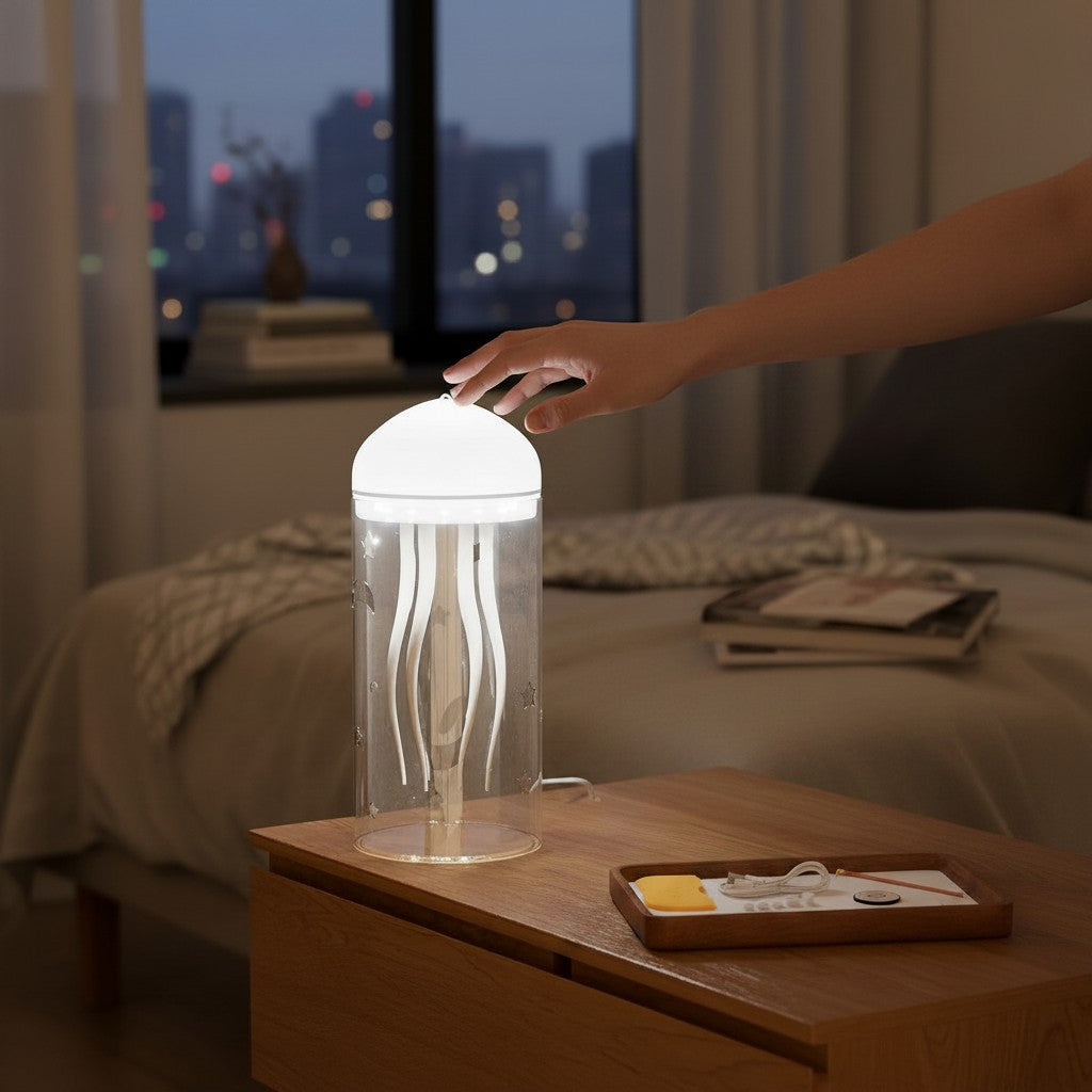 Veilleuse méduse LED Lumeoo à luminosité réglable sur une table de chevet avec une main ajustant l'intensité lumineuse