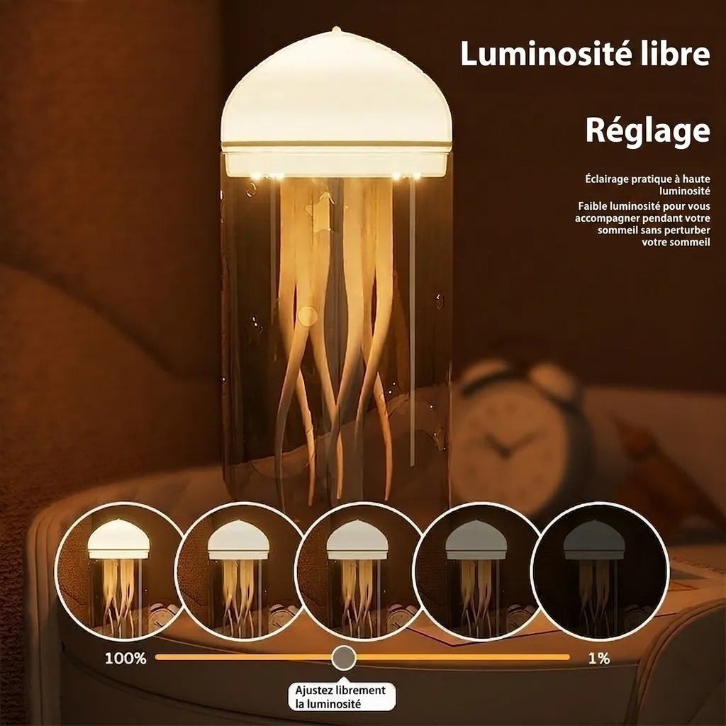 Veilleuse méduse LED Lumeoo avec dôme lumineux et tentacules, montrant le réglage de luminosité de 100% à 1%