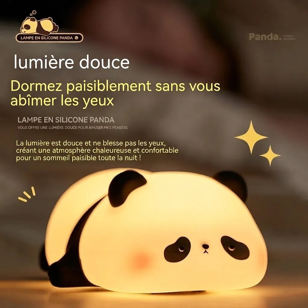 Veilleuse panda en silicone Lumeoo diffusant une lumière douce et apaisante pour rassurer les enfants la nuit