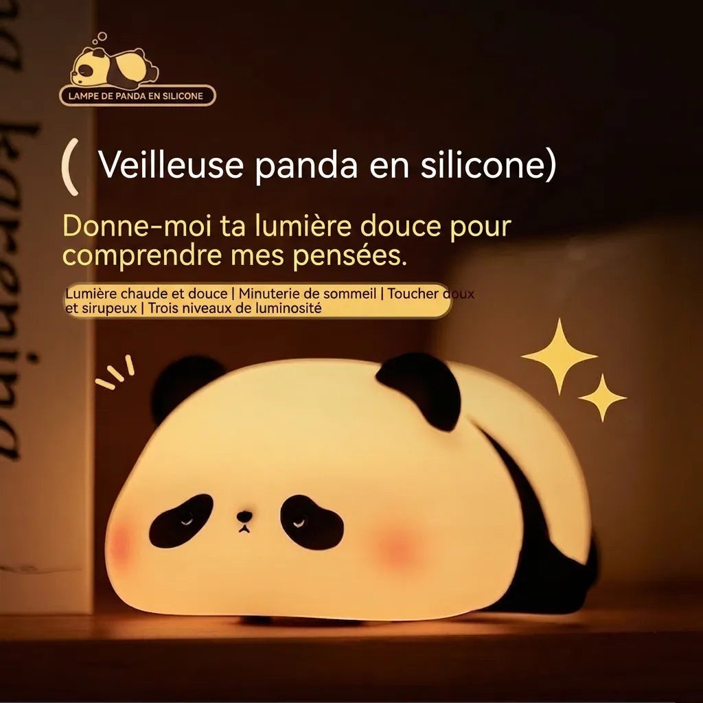 Veilleuse Lumeoo en forme de panda en silicone souple diffusant une lumière chaude et apaisante pour chambre d'enfant