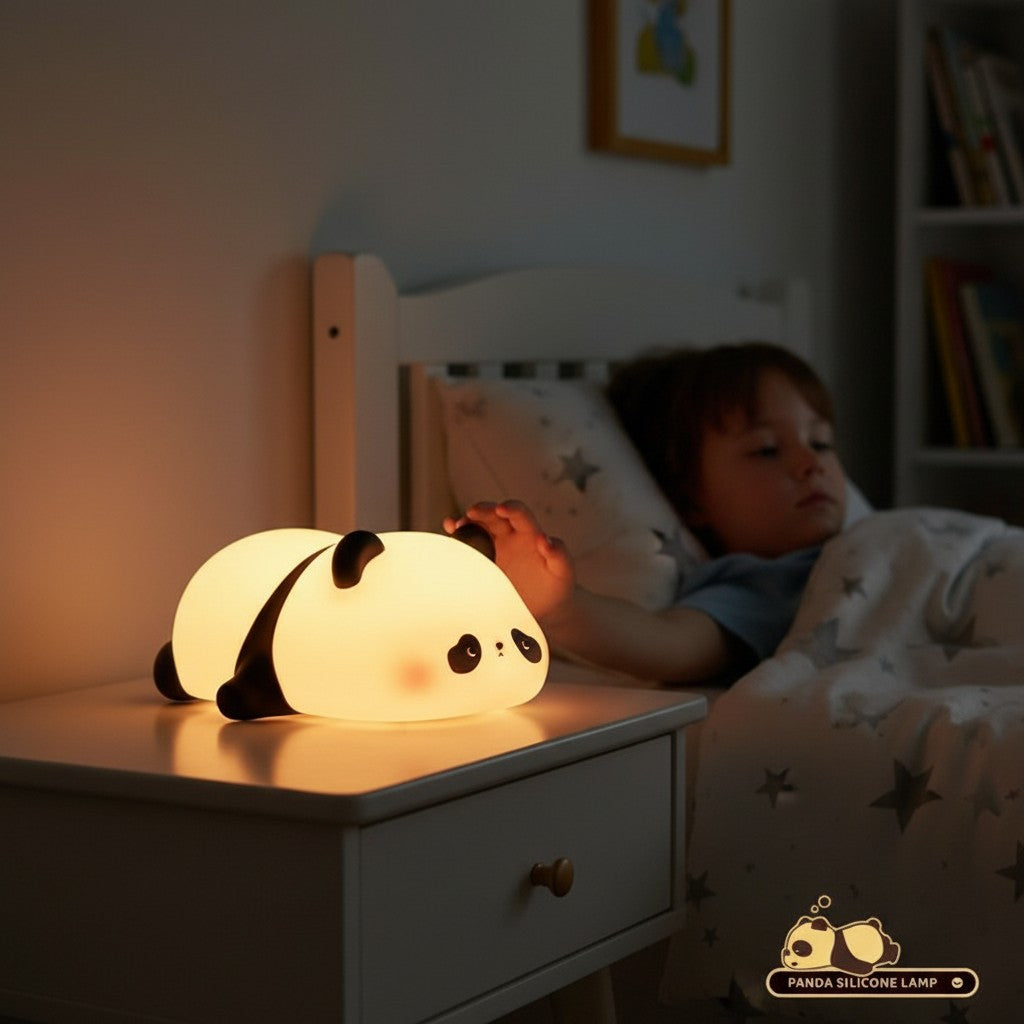 Veilleuse panda en silicone Lumeoo diffusant une lumière douce sur une table de chevet près d'un enfant endormi Image