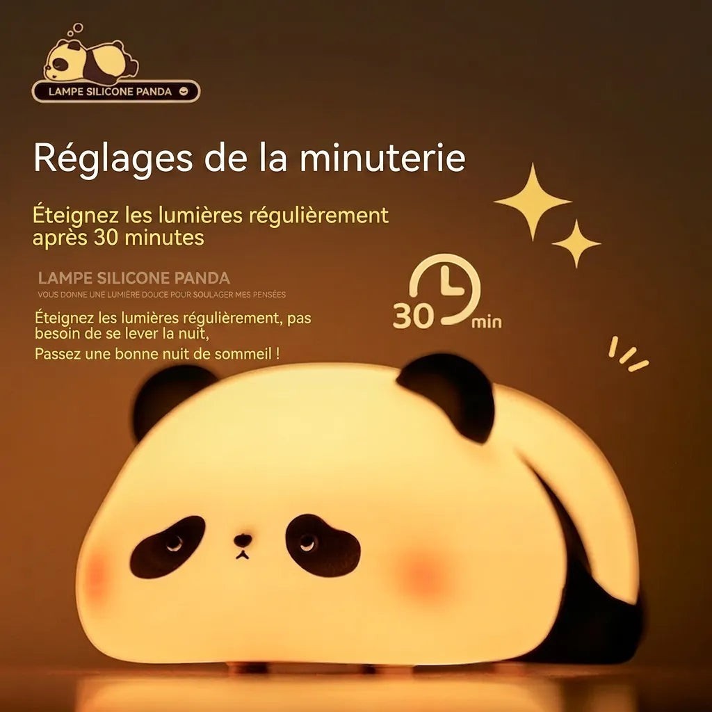 Veilleuse Lumeoo en silicone forme panda diffusant une lumière douce et chaleureuse avec fonction minuterie 30 minutes