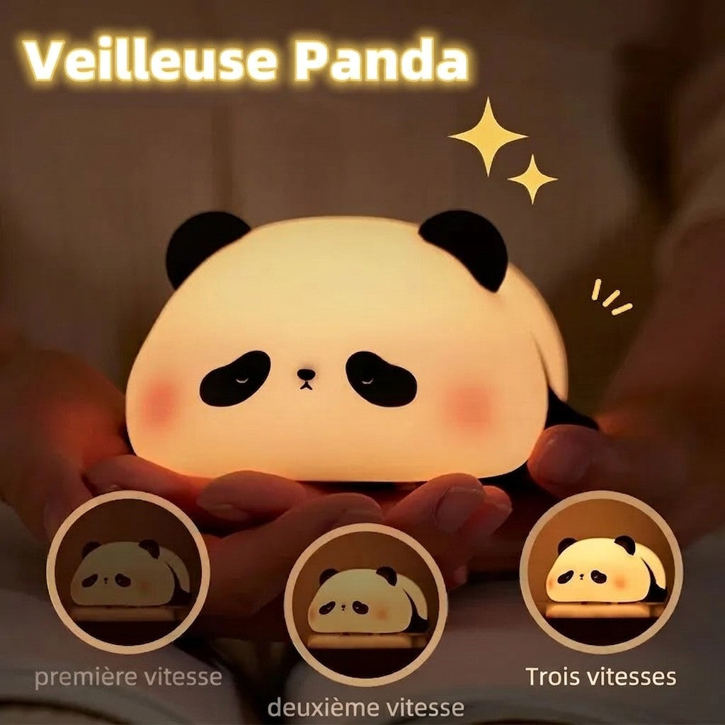 Veilleuse Lumeoo en silicone forme panda diffusant une lumière douce et apaisante pour rassurer les enfants la nuit