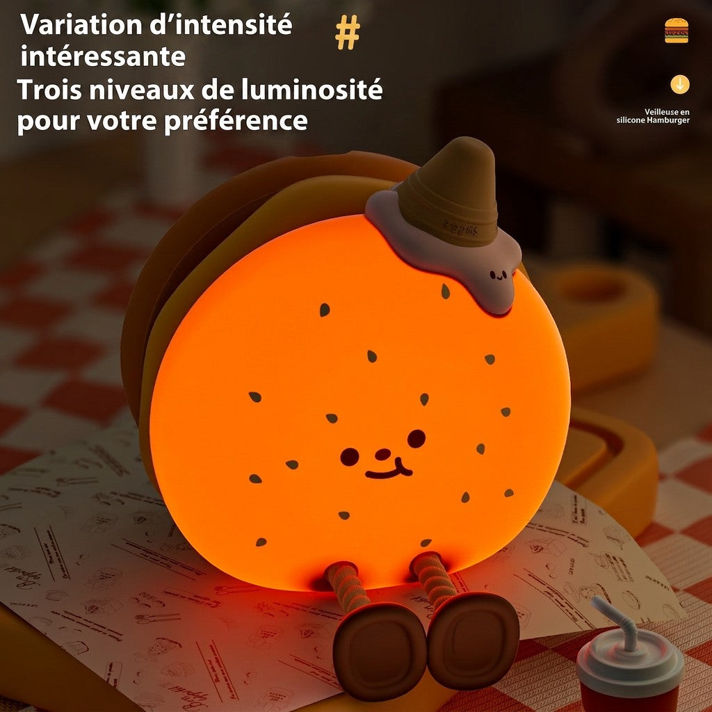 Veilleuse Lumeoo en silicone forme hamburger avec éclairage LED chaud et trois niveaux d'intensité pour chambre enfant