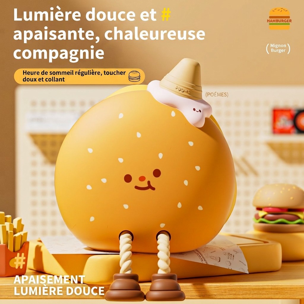 Veilleuse Lumeoo en silicone en forme de hamburger souriant avec une lumière douce pour chambre d'enfant