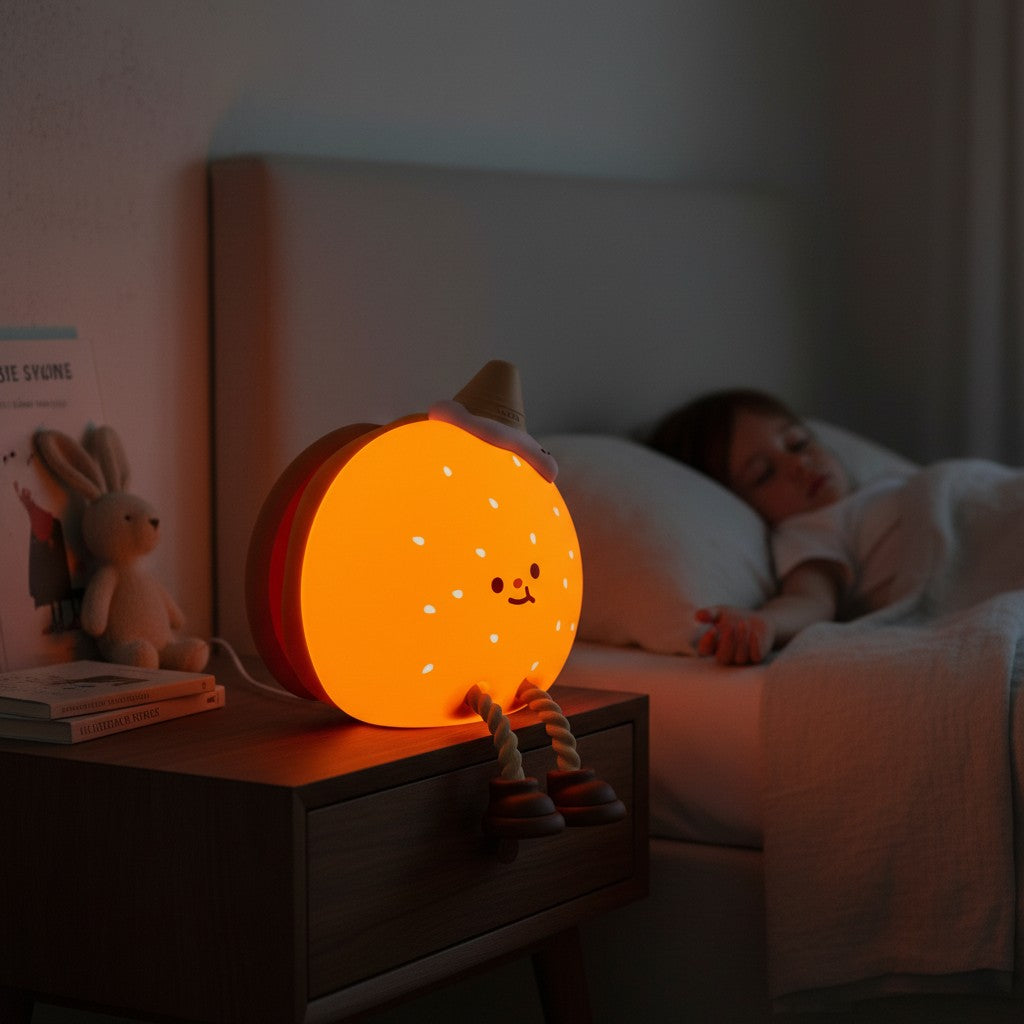 Veilleuse Lumeoo en silicone orange en forme de personnage assis sur une table de chevet dans une chambre d'enfant