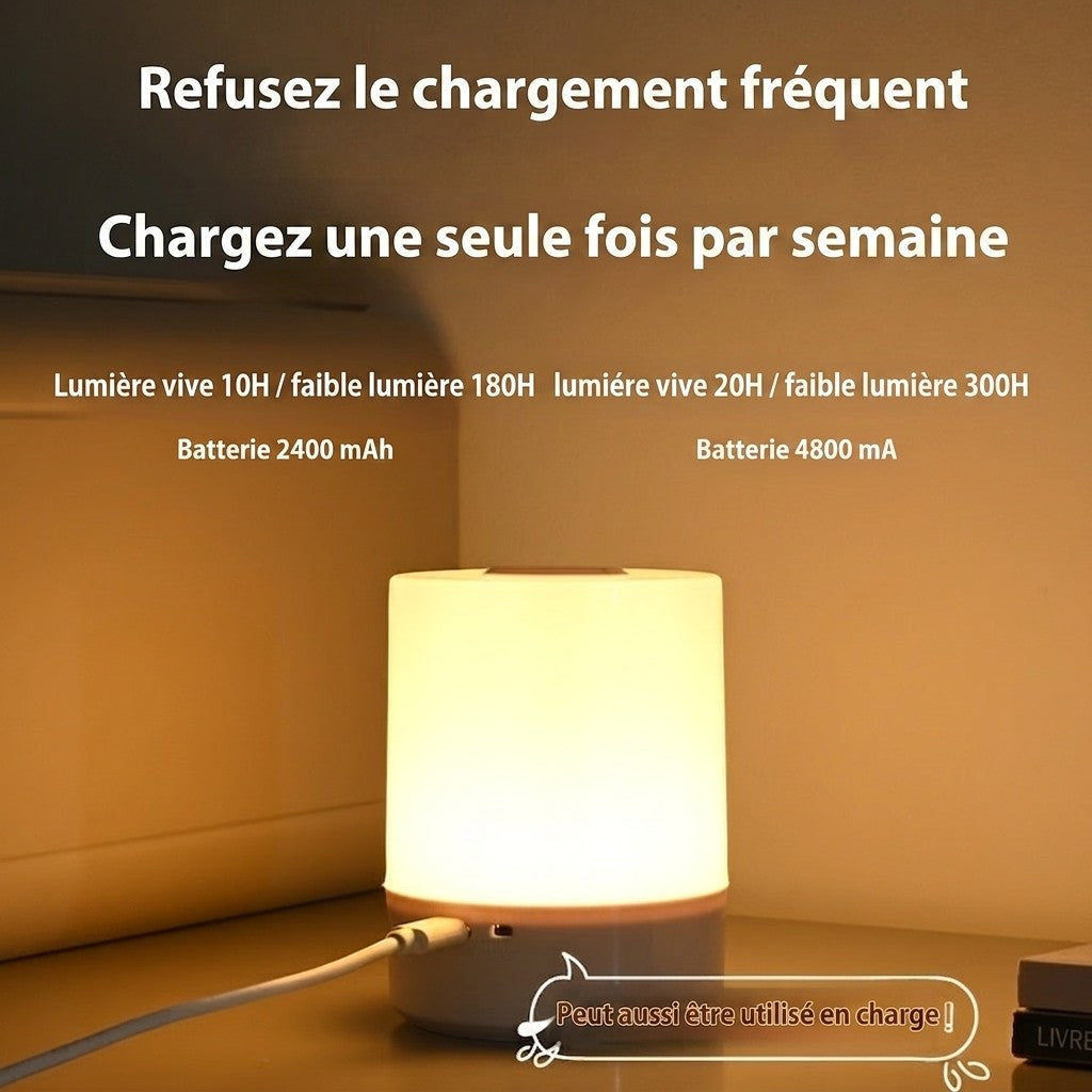 Veilleuse tactile Lumeoo rechargeable émettant une lumière chaude apaisante sur une table de chevet avec texte informatif