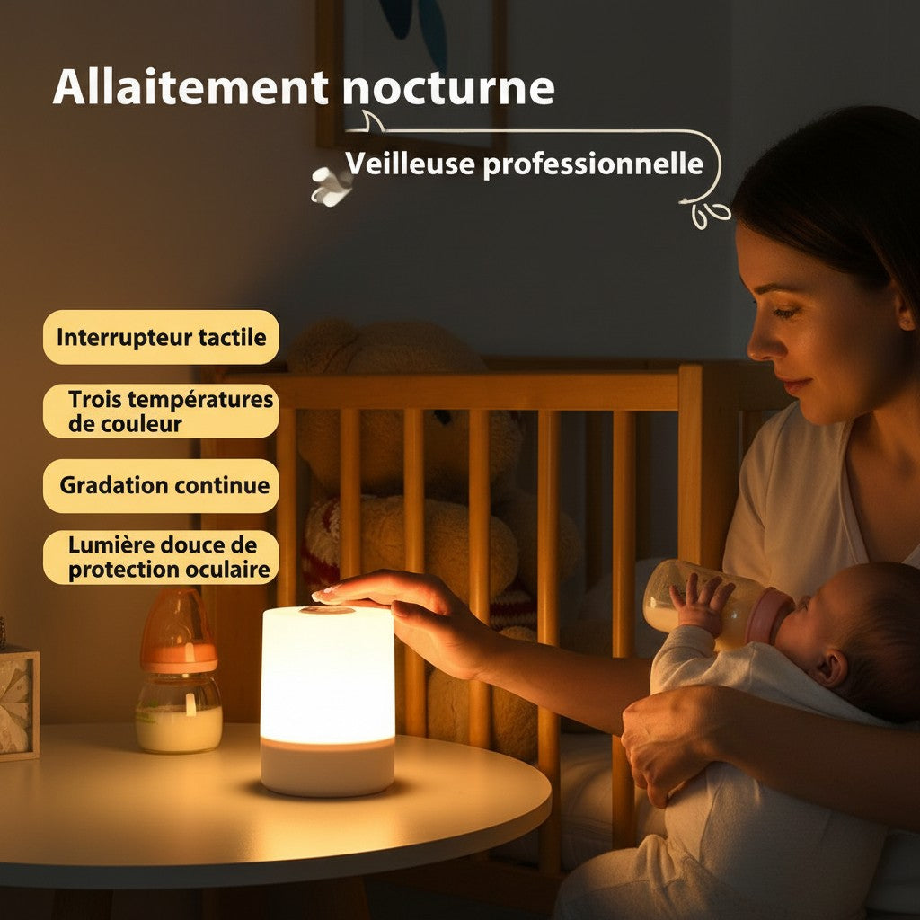 Veilleuse tactile Lumeoo à lumière chaude sur une table de chevet, utilisée par une mère pour l'allaitement nocturne