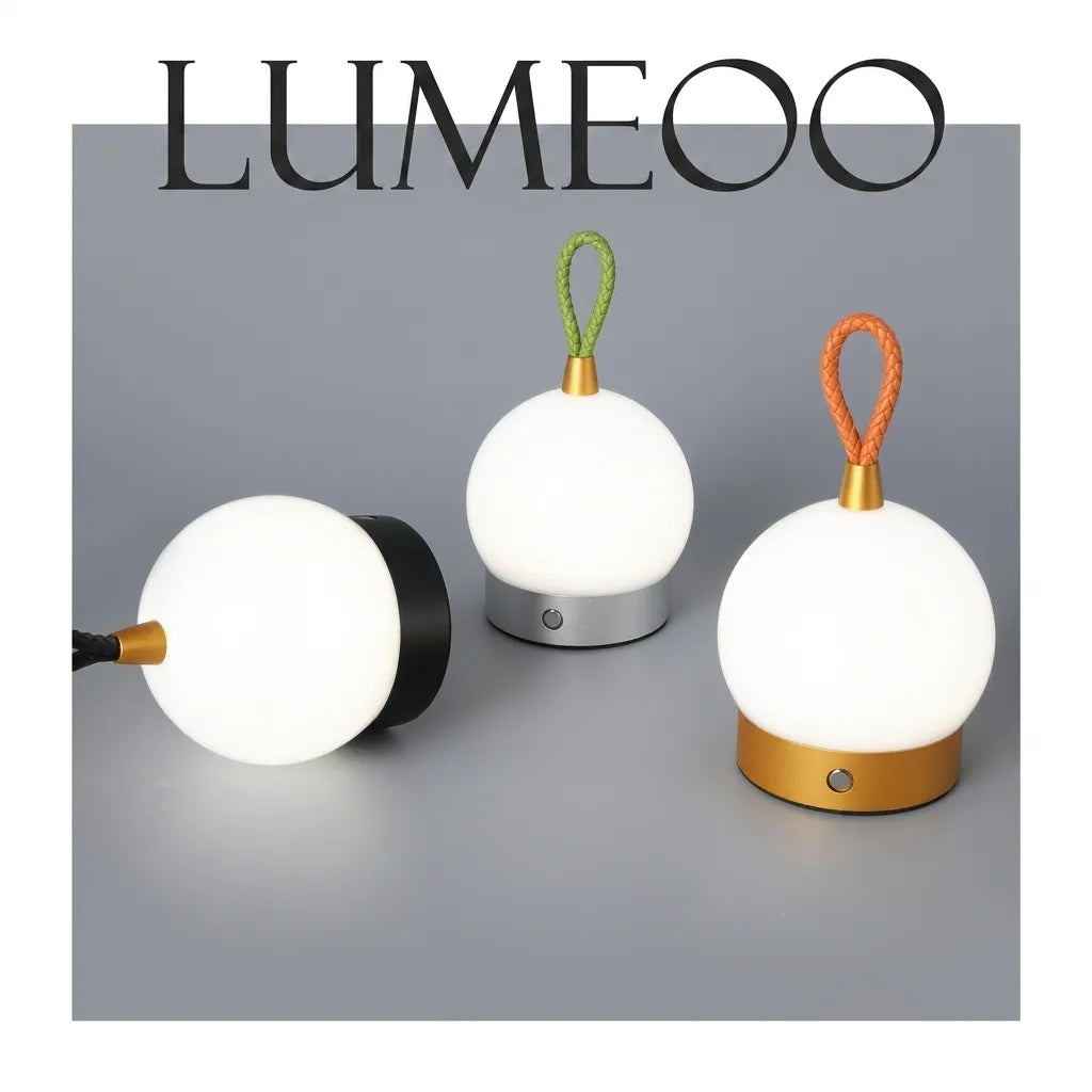 LUMINA™ lampe de table rechargeable 3 modèles côte à côte, noir gris orange, fond neutre
