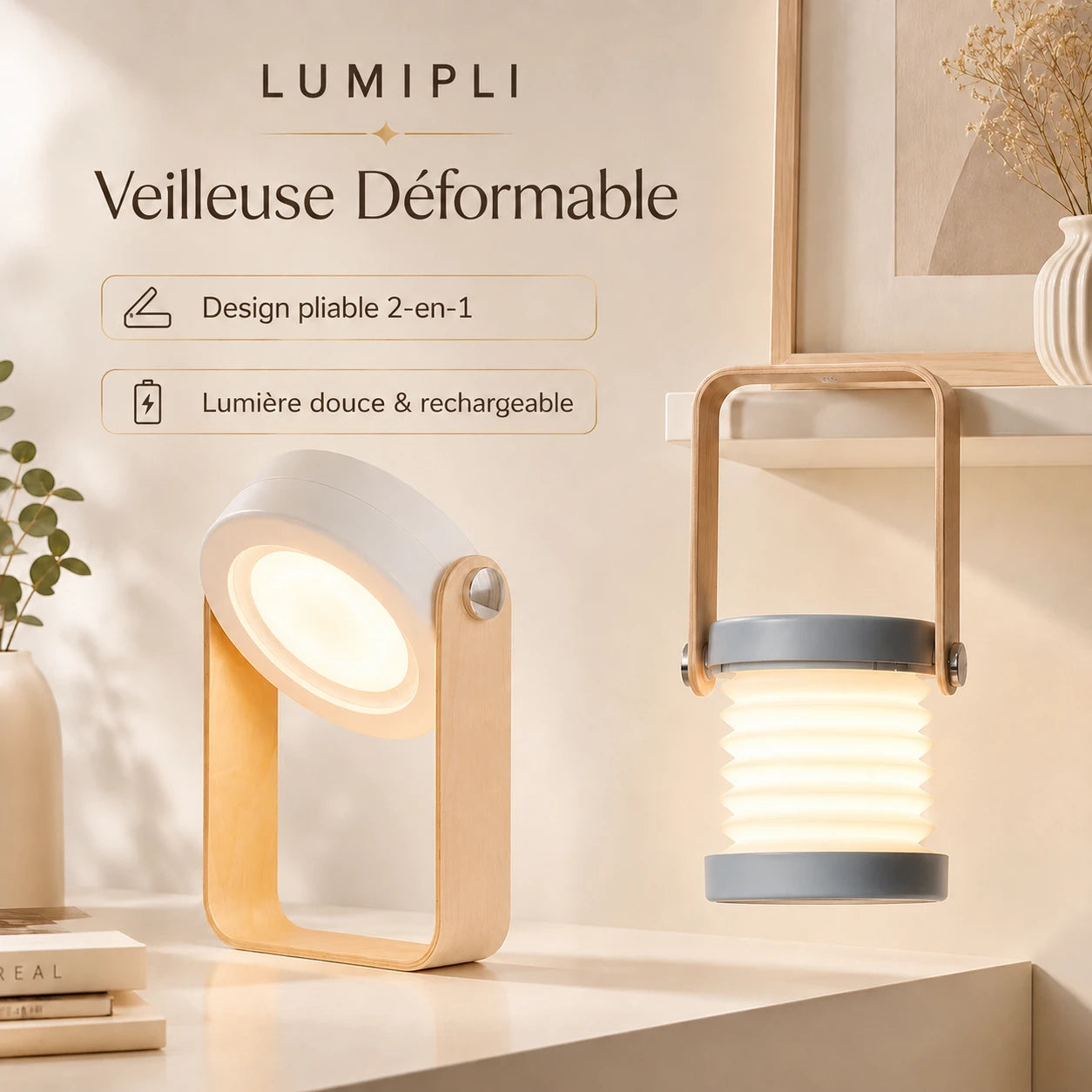 LUMIPLI™ lanterne LED posée sur un meuble de salon, branchée en USB, ambiance soirée Image