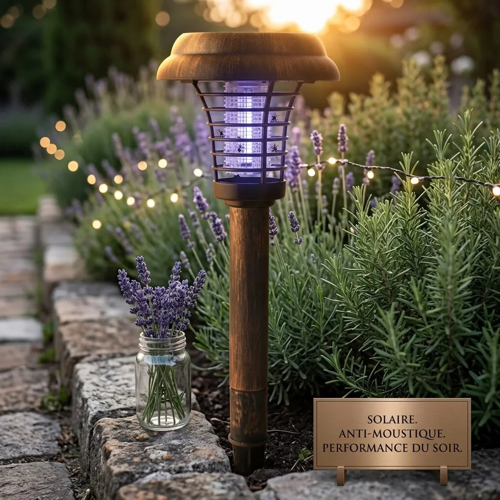 MOZAWAY™ lampe solaire UV piquet jardin en situation extérieur, ambiance soirée