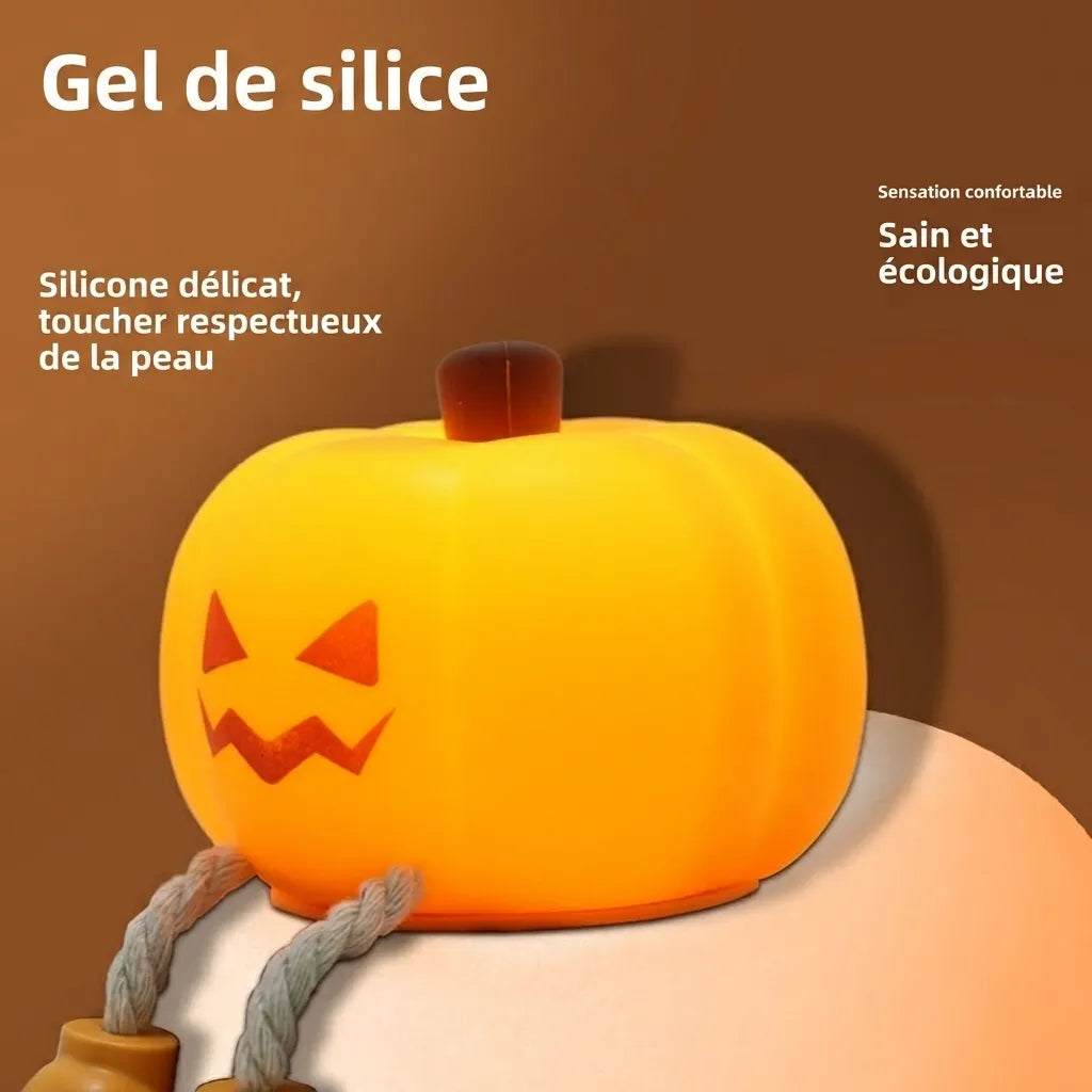 PUMPKY™ veilleuse citrouille silicone tactile rechargeable USB, vue de face comparaison deux expressions